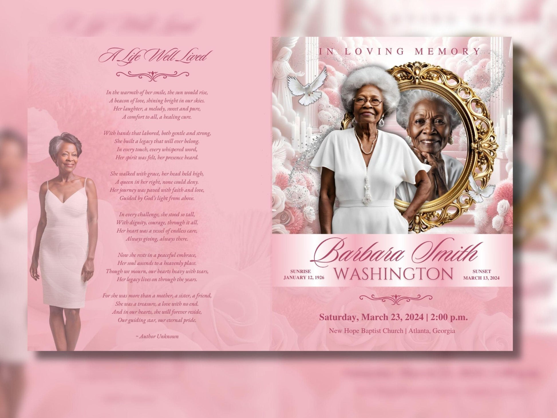 8 Page | 8.5x11 bi-fold |  Pink Flowers Funeral Program, Obituary Program, Memorial Program, Celebration Of Life Program In Loving Memory