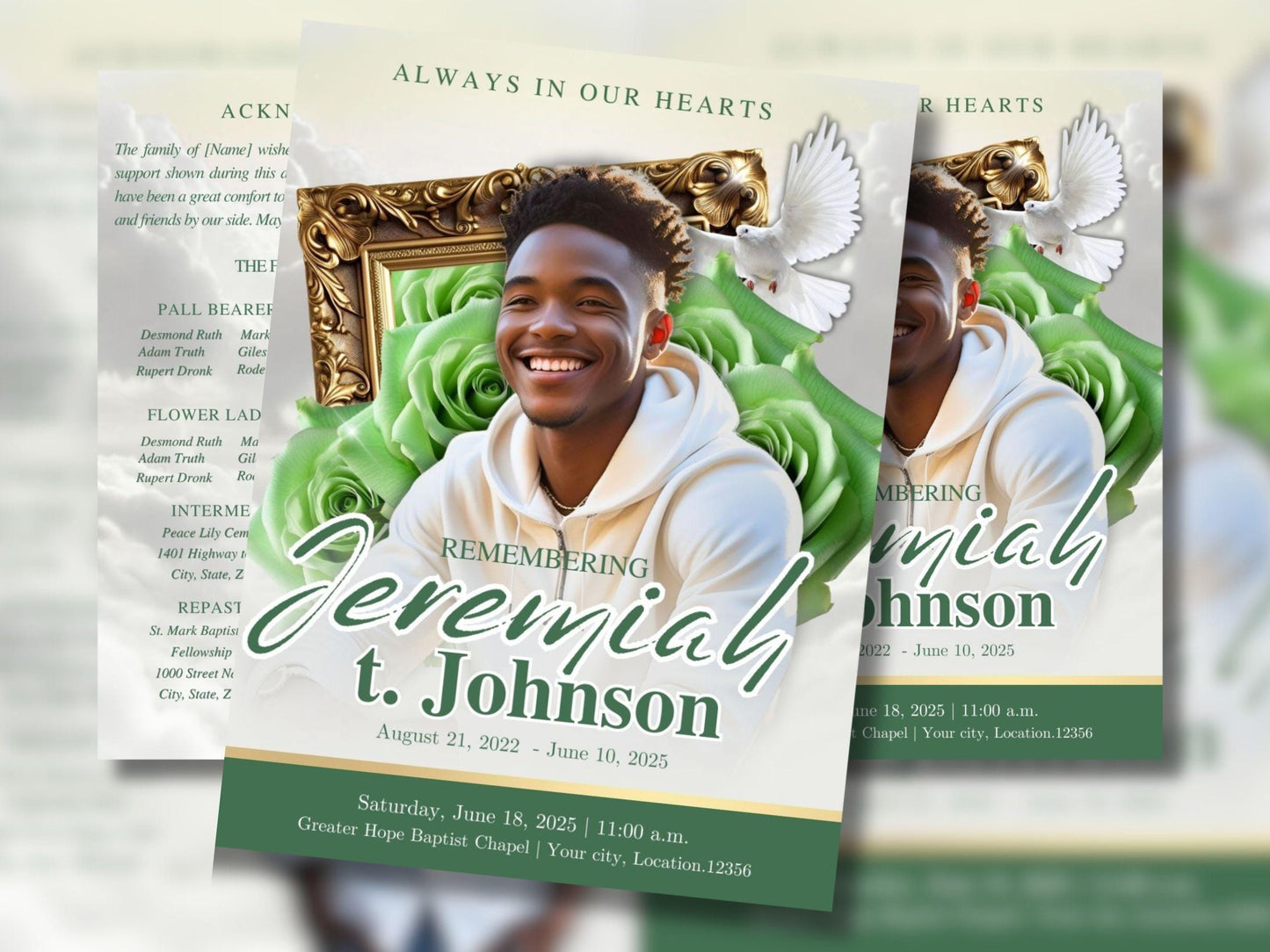 8 Page | 8.5x11 bi-fold |  Light Green Funeral Program, Obituary Program, Memorial Program, Celebration Of Life Program In Loving Memory