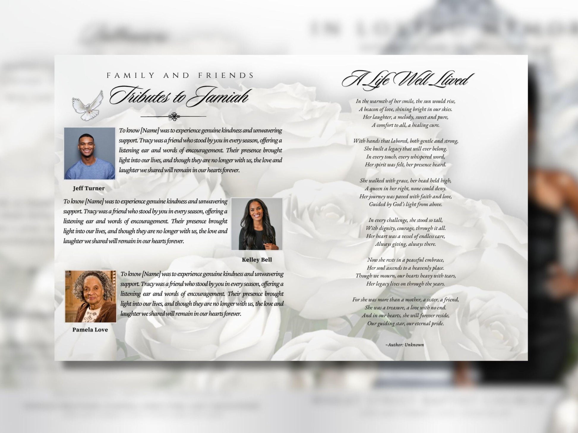 8-Page | 8.5"x11" bi-fold | Celebrate Life w/Diamond Heavenly Gates & White Roses | Customizable Funeral Program Keepsake | Canva Template