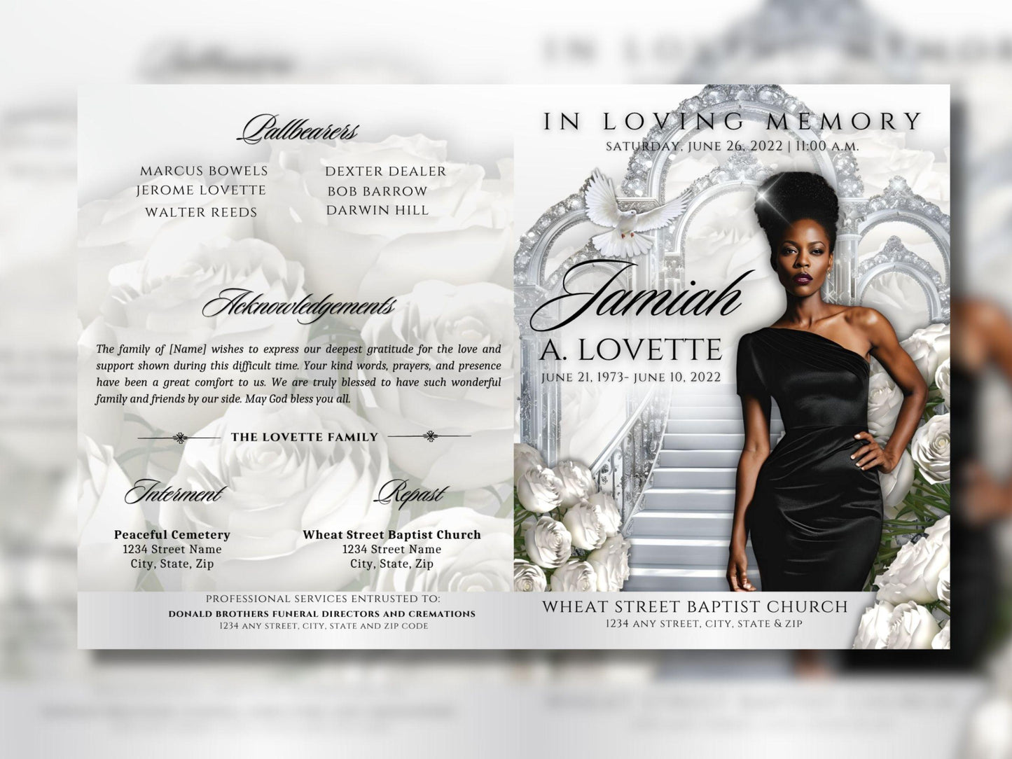 8-Page | 8.5"x11" bi-fold | Celebrate Life w/Diamond Heavenly Gates & White Roses | Customizable Funeral Program Keepsake | Canva Template