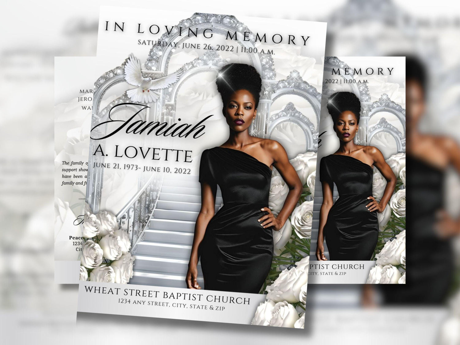 8-Page | 8.5"x11" bi-fold | Celebrate Life w/Diamond Heavenly Gates & White Roses | Customizable Funeral Program Keepsake | Canva Template