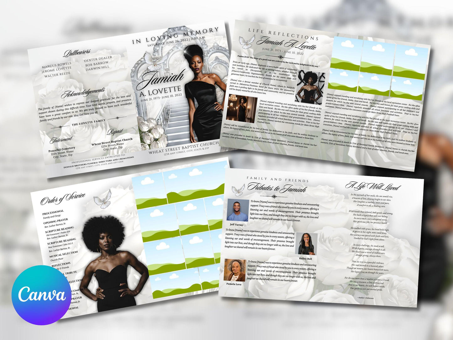 8-Page | 8.5"x11" bi-fold | Celebrate Life w/Diamond Heavenly Gates & White Roses | Customizable Funeral Program Keepsake | Canva Template