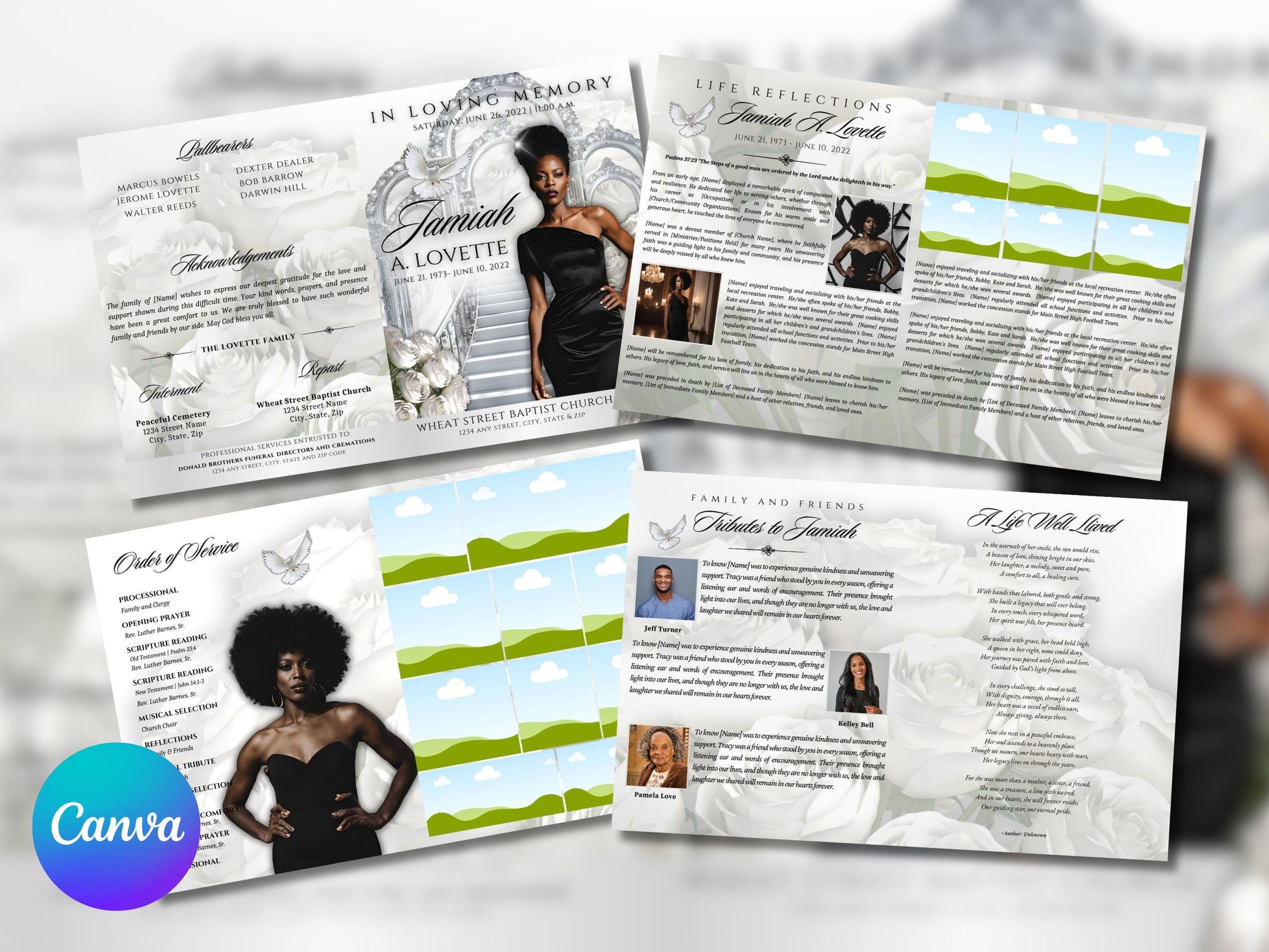 8-Page | 8.5"x11" bi-fold | Celebrate Life w/Diamond Heavenly Gates & White Roses | Customizable Funeral Program Keepsake | Canva Template