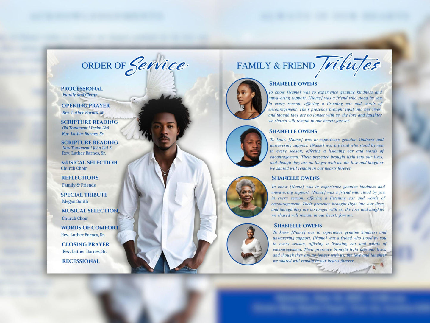 8 Page | 8.5x11 bi-fold | Light Blue Rose Funeral Program, Obituary Program, Memorial Program, Celebration Of Life Program In Loving Memory
