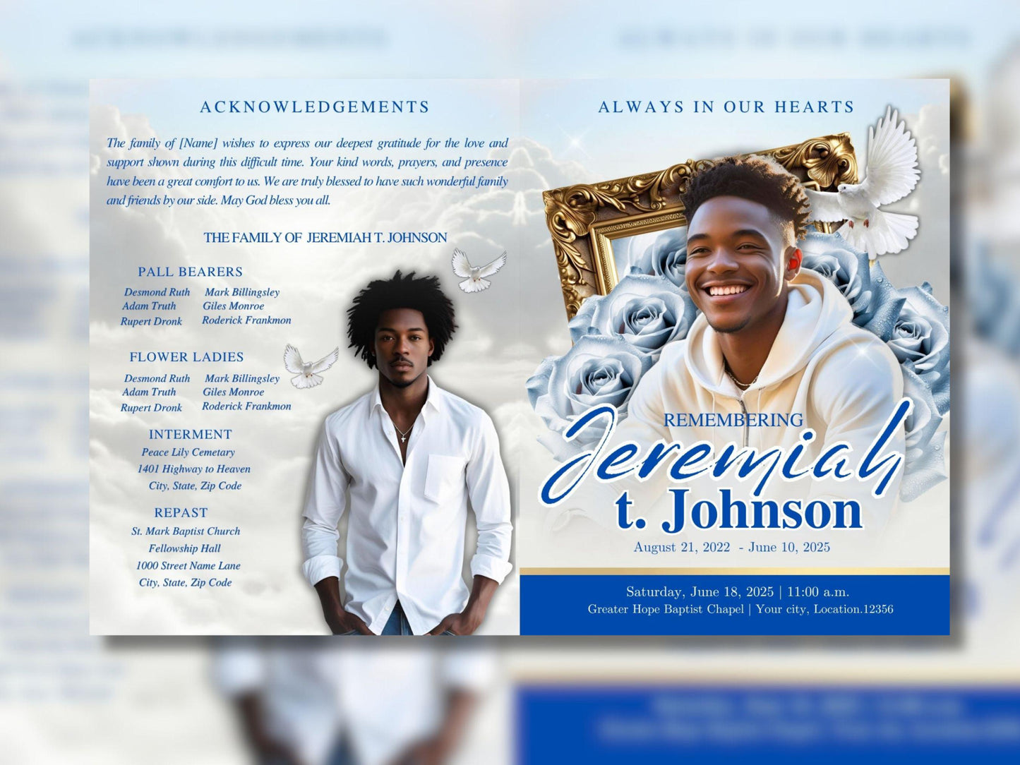 8 Page | 8.5x11 bi-fold | Light Blue Rose Funeral Program, Obituary Program, Memorial Program, Celebration Of Life Program In Loving Memory