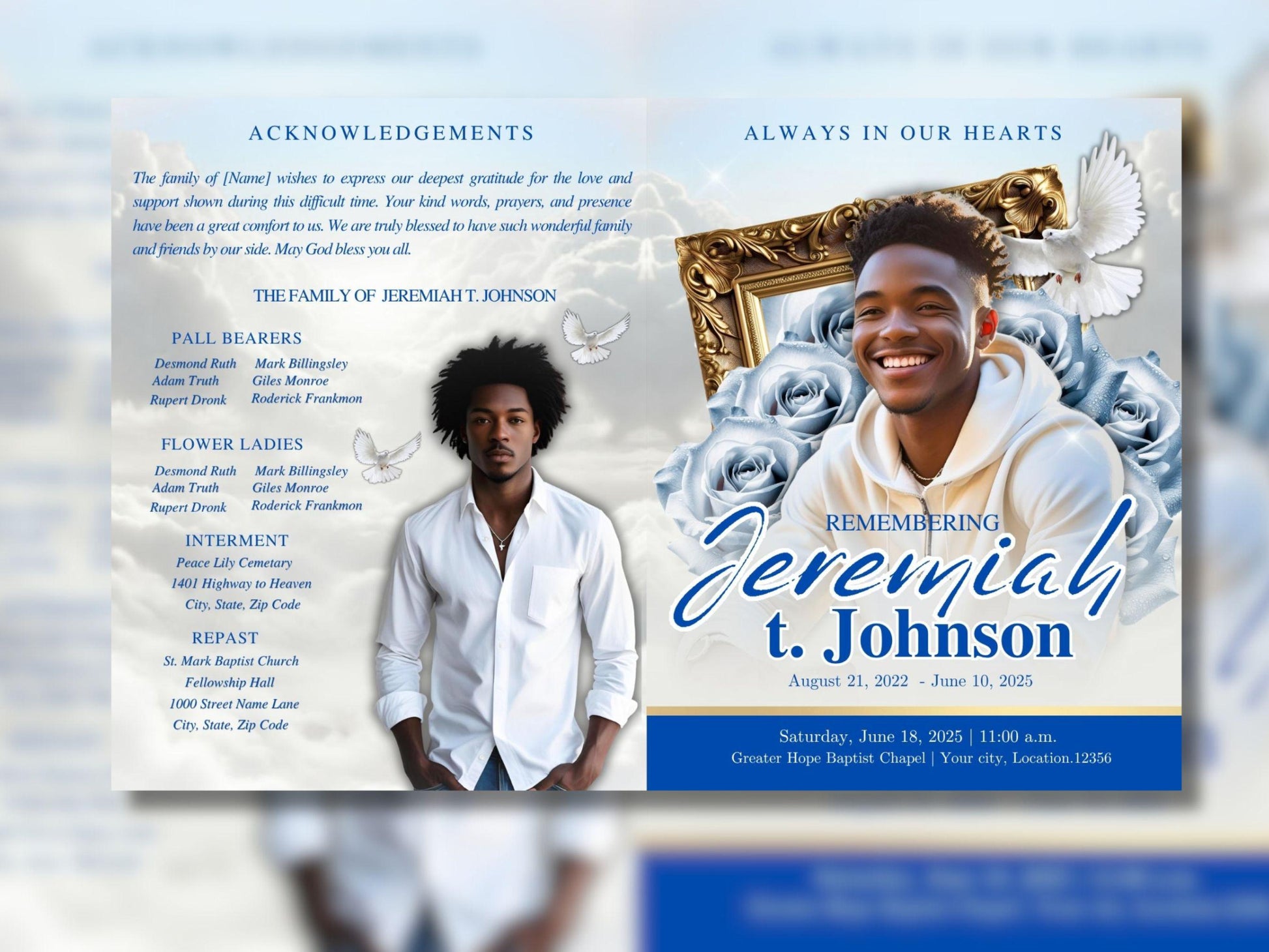 8 Page | 8.5x11 bi-fold | Light Blue Rose Funeral Program, Obituary Program, Memorial Program, Celebration Of Life Program In Loving Memory