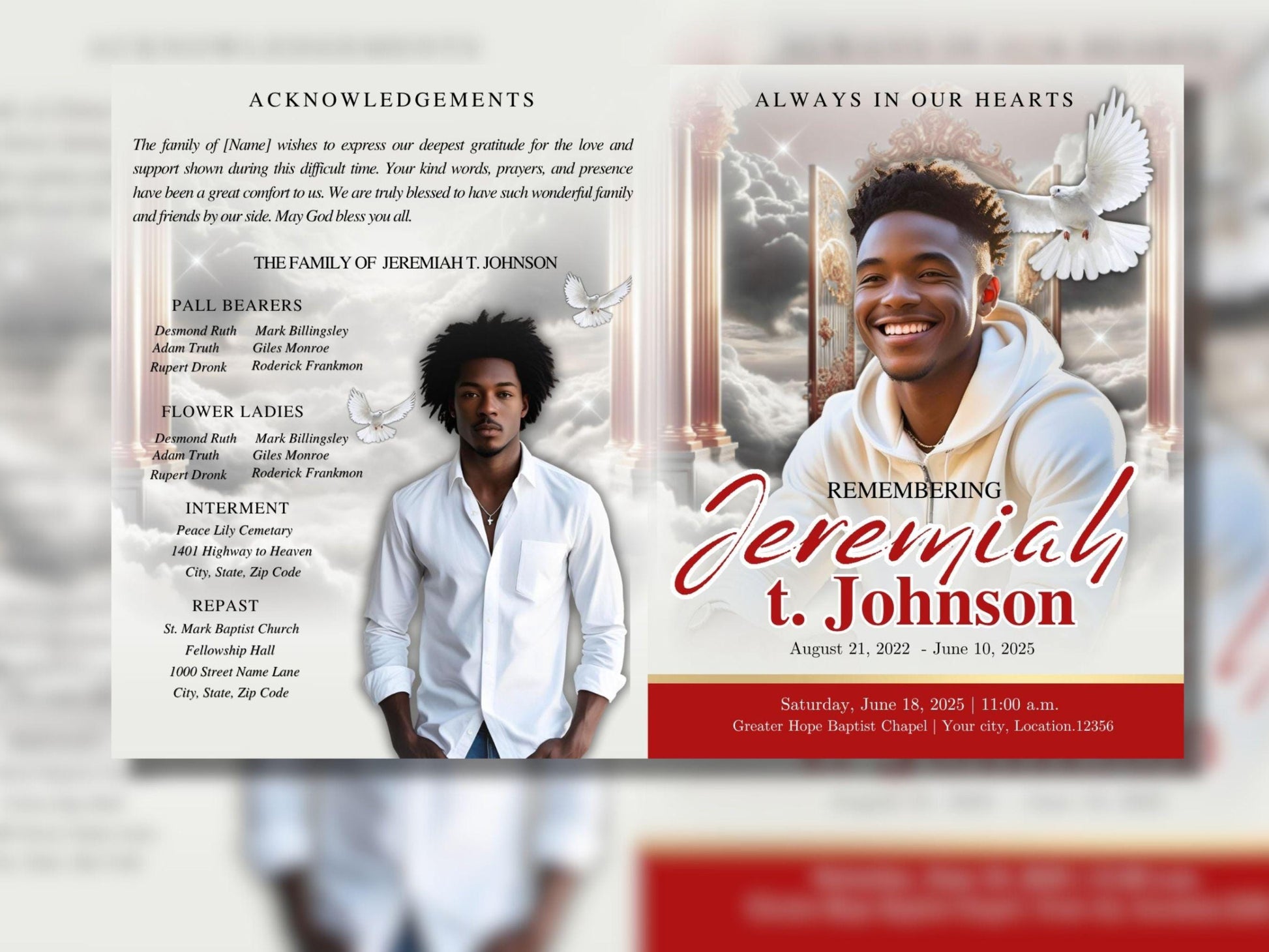 8 Page | 8.5x11 bi-fold |  Red and Gold Funeral Program, Obituary Program, Memorial Program, Celebration Of Life Program In Loving Memory