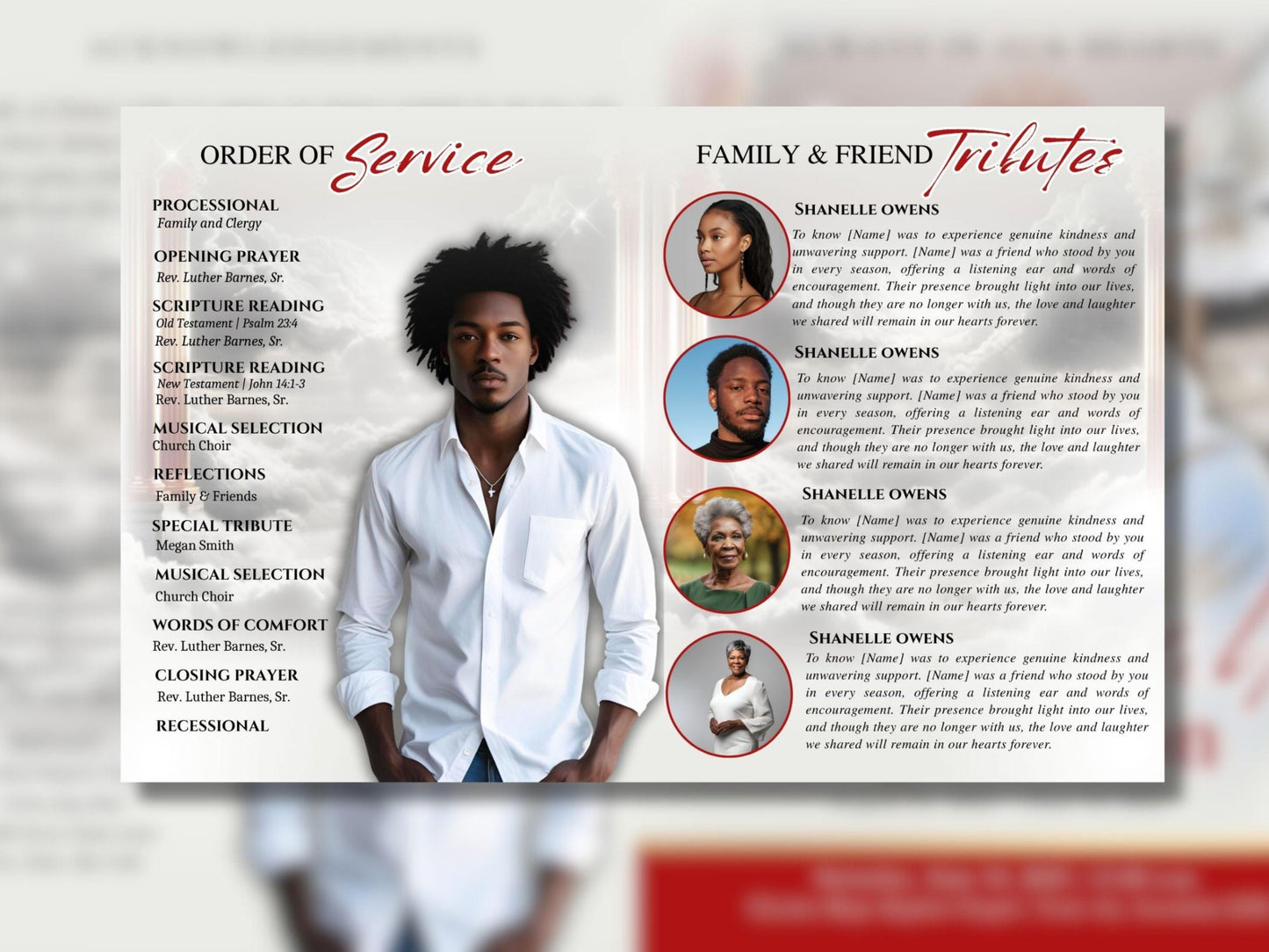 8 Page | 8.5x11 bi-fold |  Red and Gold Funeral Program, Obituary Program, Memorial Program, Celebration Of Life Program In Loving Memory
