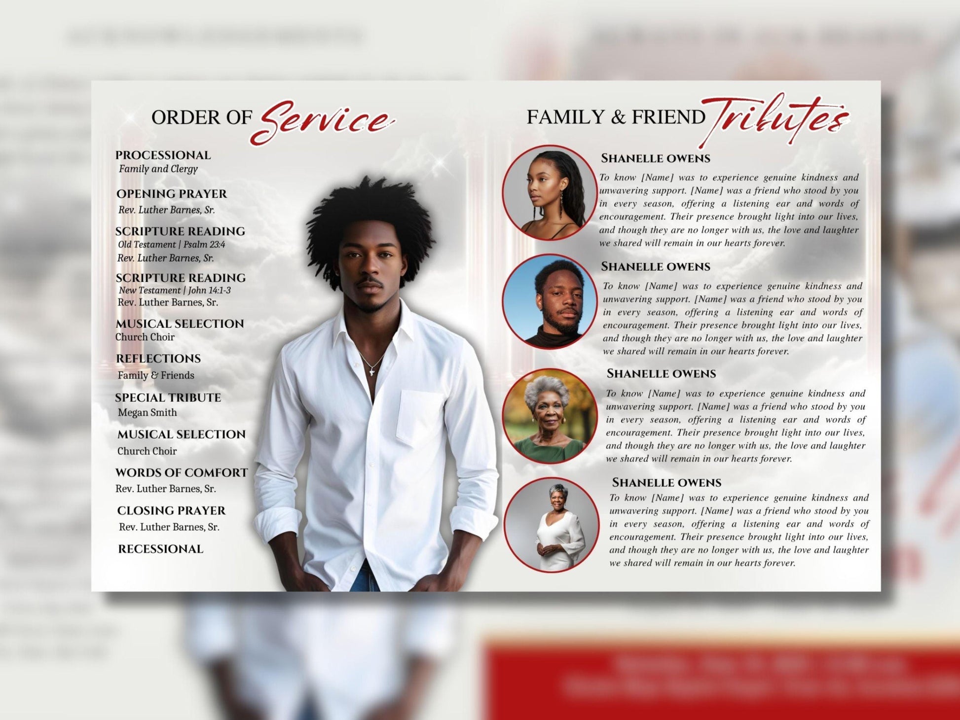 8 Page | 8.5x11 bi-fold |  Red and Gold Funeral Program, Obituary Program, Memorial Program, Celebration Of Life Program In Loving Memory