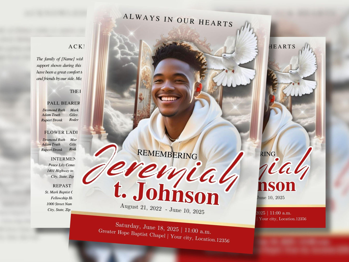8 Page | 8.5x11 bi-fold |  Red and Gold Funeral Program, Obituary Program, Memorial Program, Celebration Of Life Program In Loving Memory