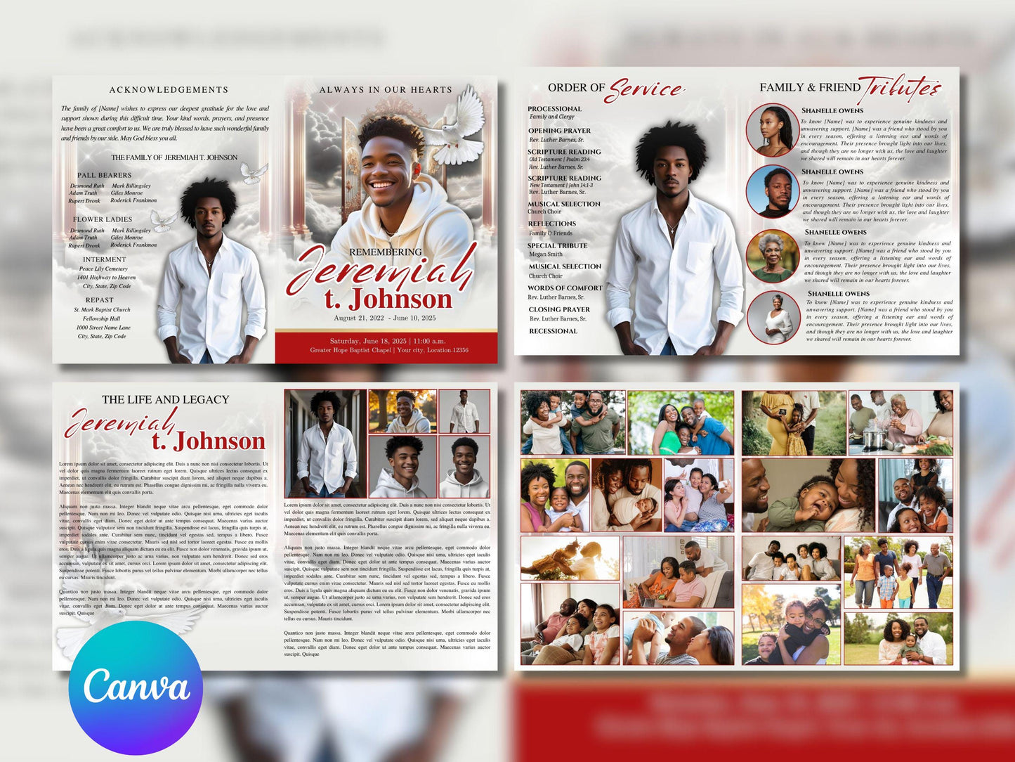 8 Page | 8.5x11 bi-fold |  Red and Gold Funeral Program, Obituary Program, Memorial Program, Celebration Of Life Program In Loving Memory