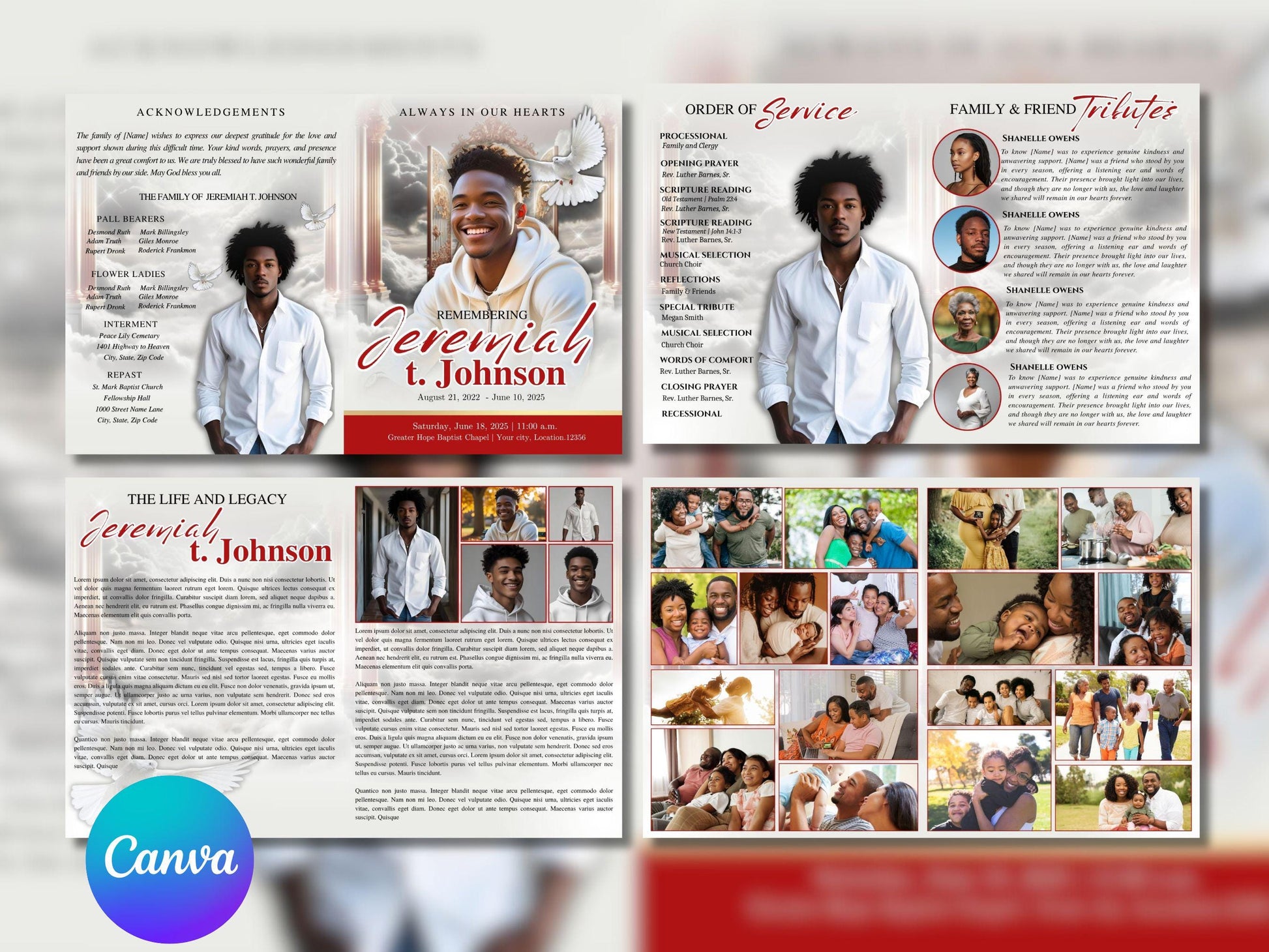 8 Page | 8.5x11 bi-fold |  Red and Gold Funeral Program, Obituary Program, Memorial Program, Celebration Of Life Program In Loving Memory