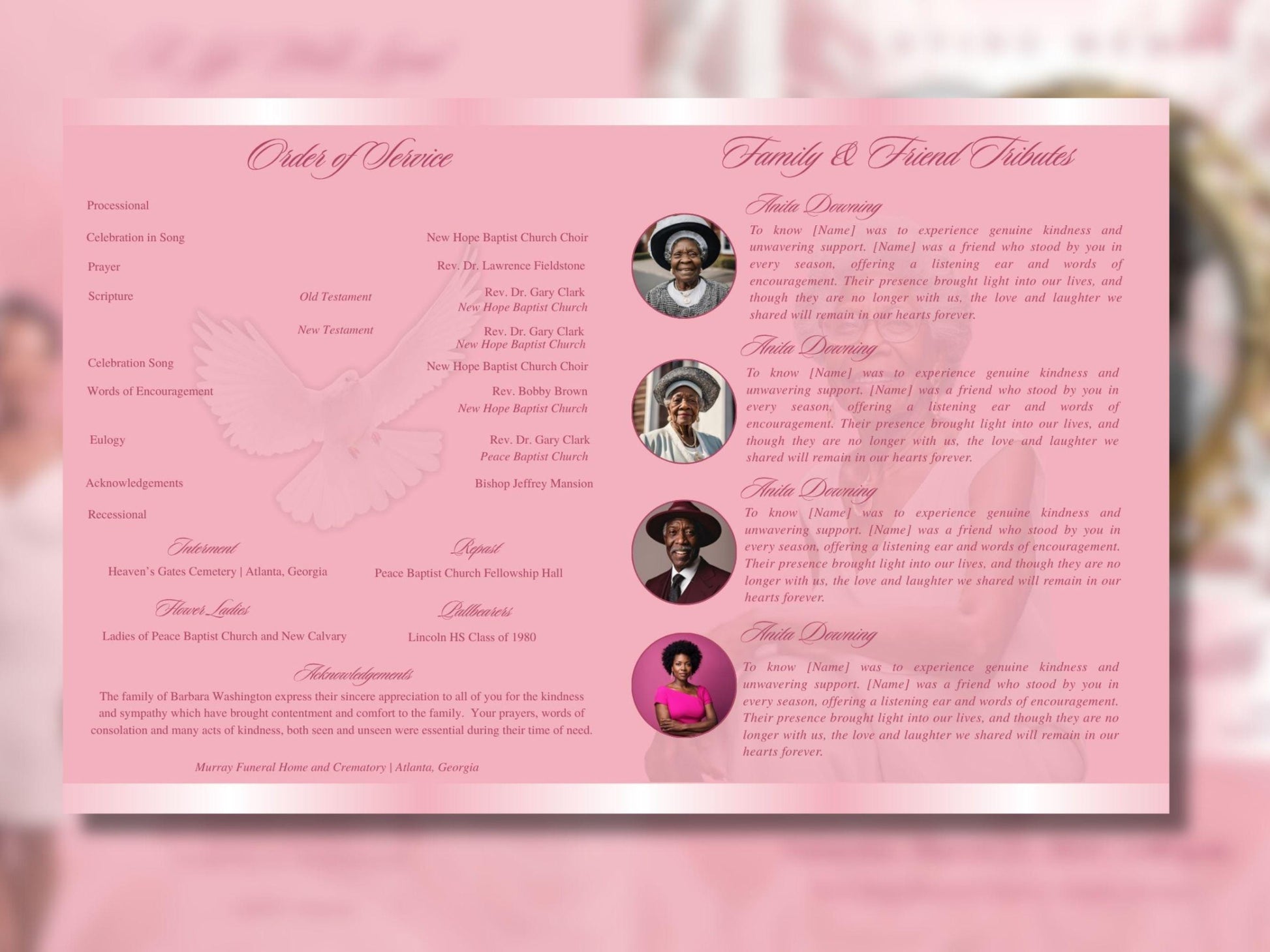 8 Page | 8.5x11 bi-fold |  Pink Flowers Funeral Program, Obituary Program, Memorial Program, Celebration Of Life Program In Loving Memory