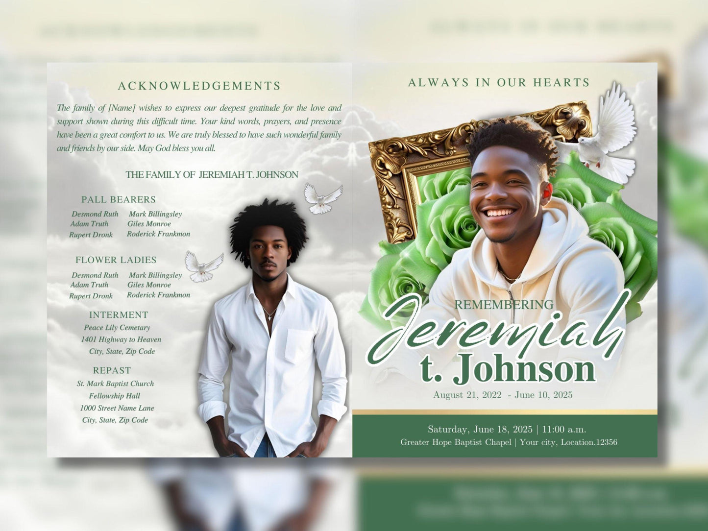 8 Page | 8.5x11 bi-fold |  Light Green Funeral Program, Obituary Program, Memorial Program, Celebration Of Life Program In Loving Memory