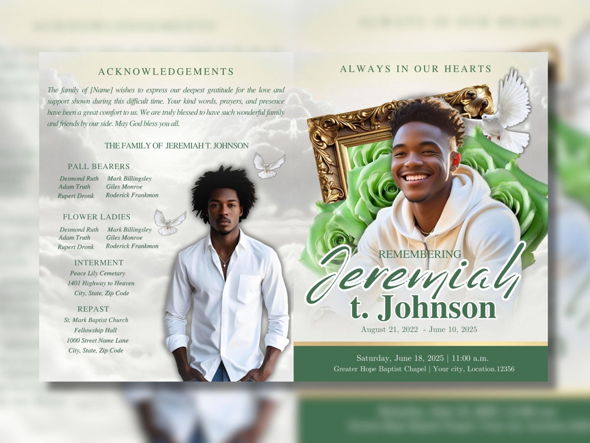 8 Page | 8.5x11 bi-fold |  Light Green Funeral Program, Obituary Program, Memorial Program, Celebration Of Life Program In Loving Memory