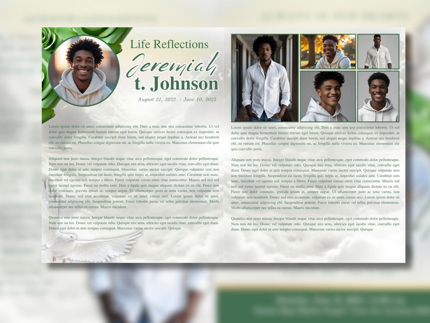 8 Page | 8.5x11 bi-fold |  Light Green Funeral Program, Obituary Program, Memorial Program, Celebration Of Life Program In Loving Memory