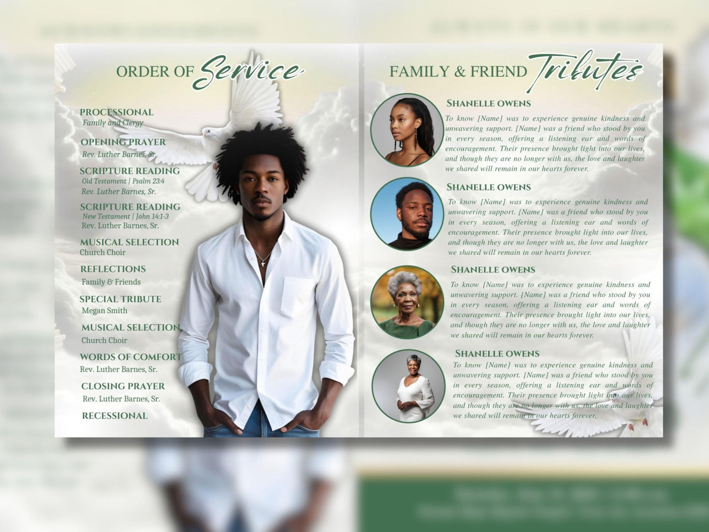 8 Page | 8.5x11 bi-fold |  Light Green Funeral Program, Obituary Program, Memorial Program, Celebration Of Life Program In Loving Memory