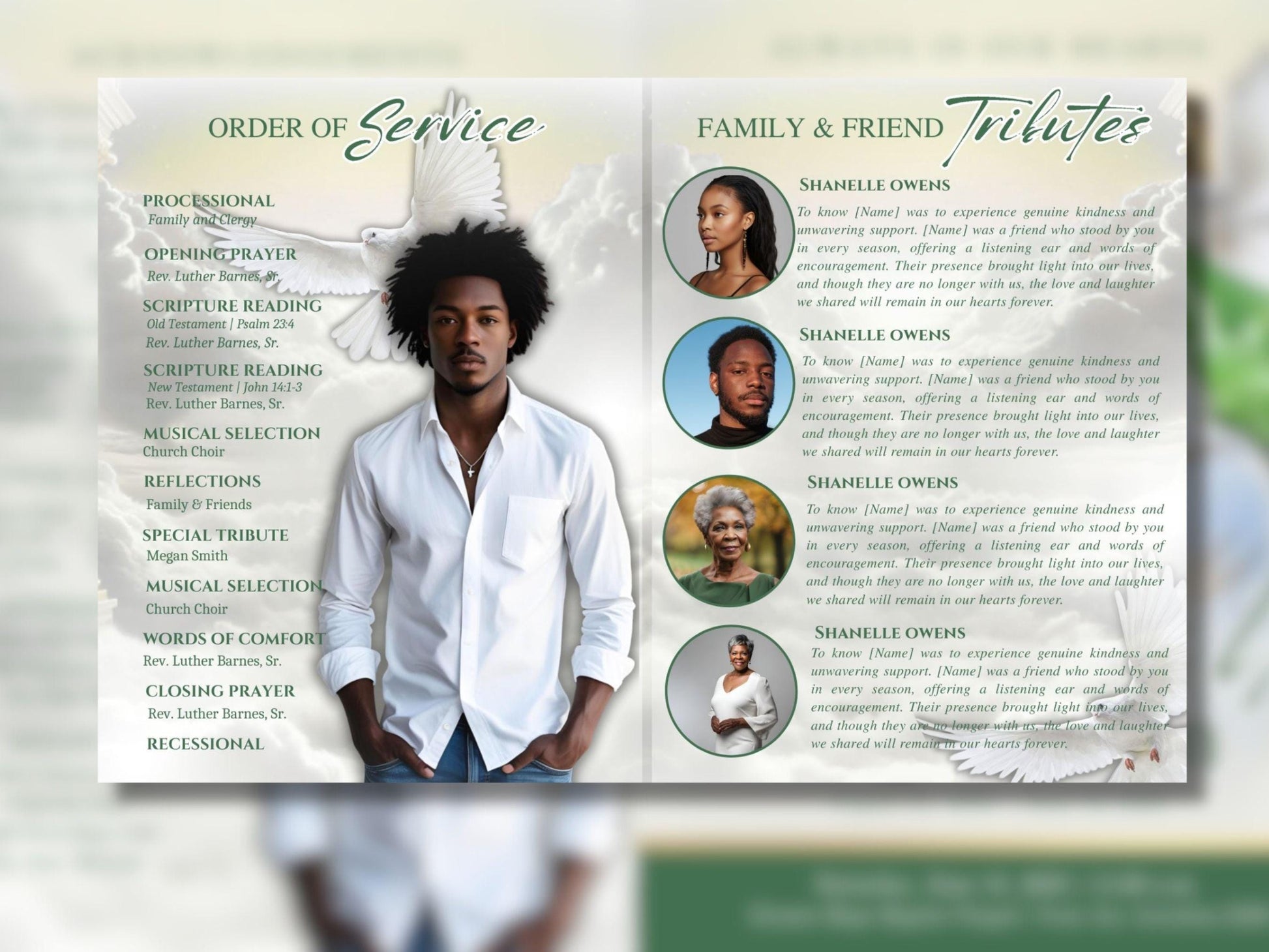 8 Page | 8.5x11 bi-fold |  Light Green Funeral Program, Obituary Program, Memorial Program, Celebration Of Life Program In Loving Memory