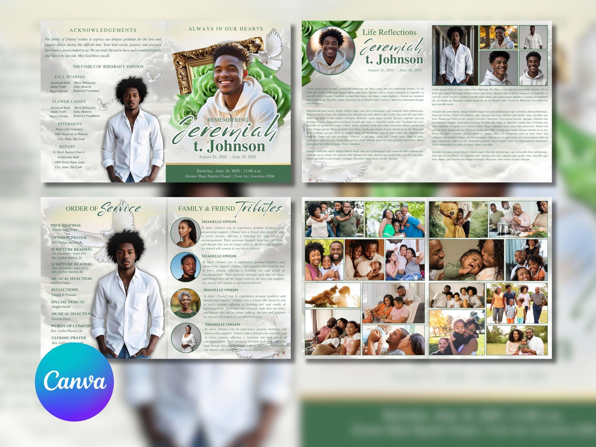 8 Page | 8.5x11 bi-fold |  Light Green Funeral Program, Obituary Program, Memorial Program, Celebration Of Life Program In Loving Memory