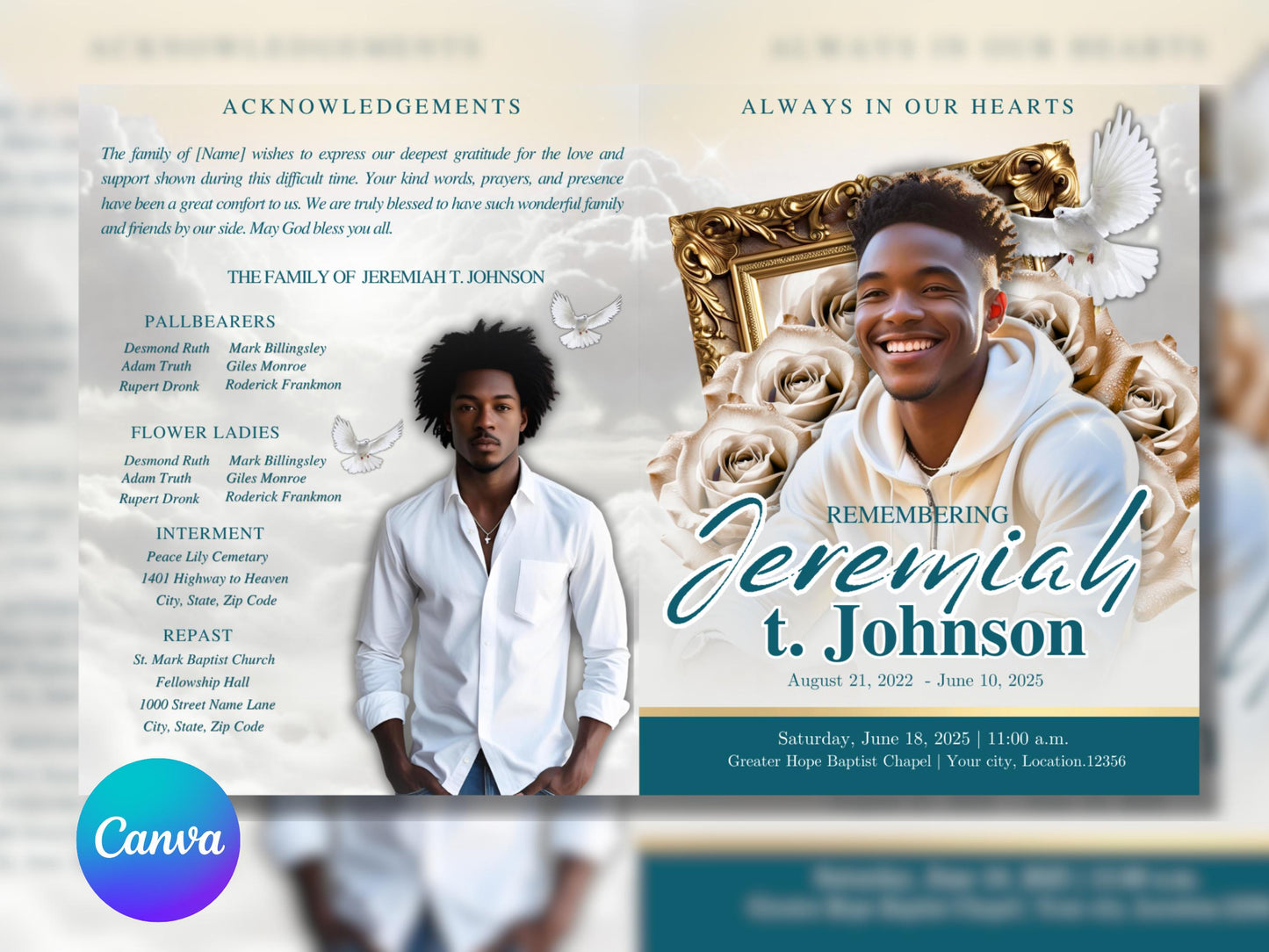 8 Page | 8.5x11 bi-fold |  Blue_Green Funeral Program, Obituary Program, Memorial Program, Celebration Of Life Program In Loving Memory