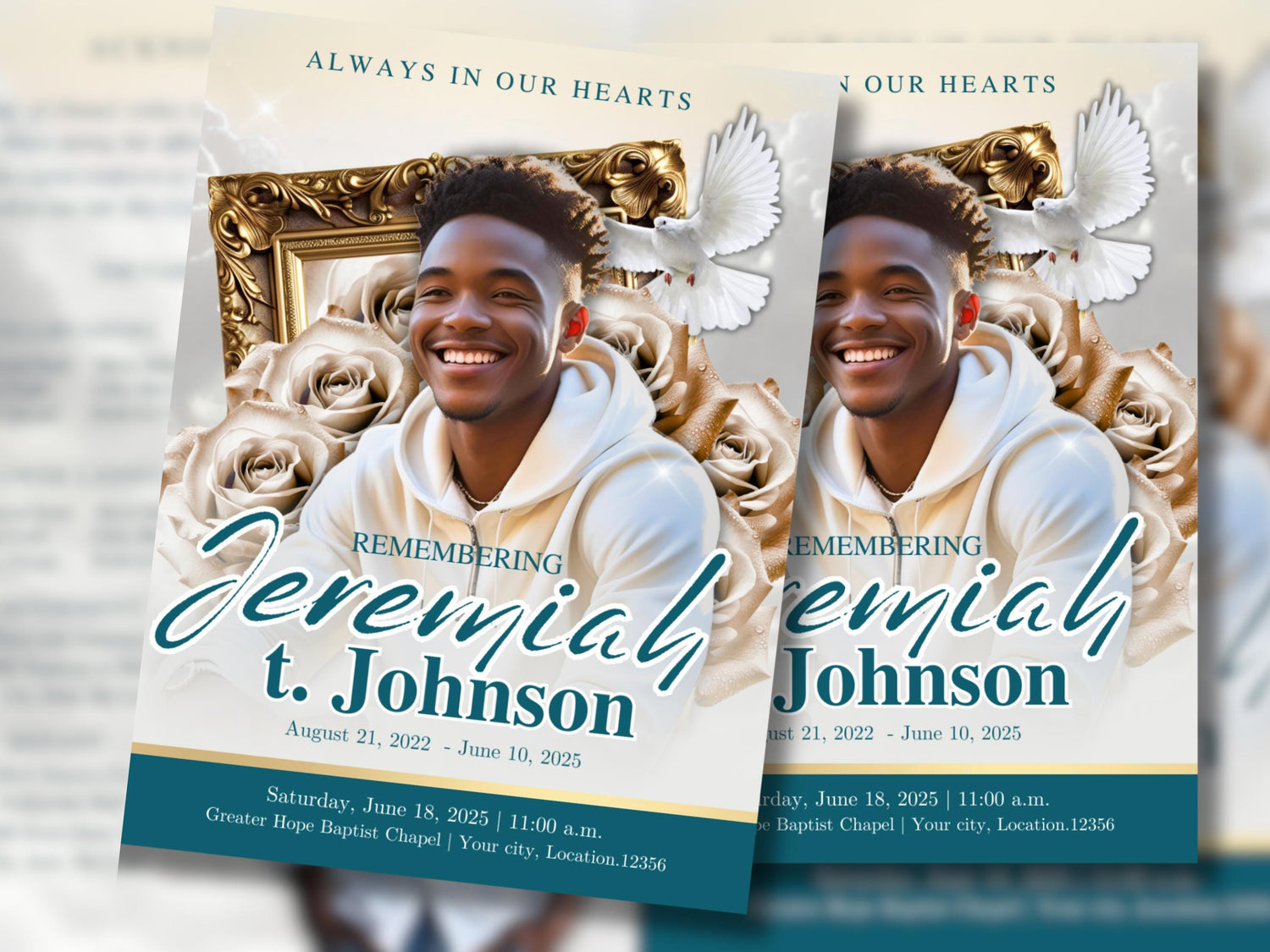 8 Page | 8.5x11 bi-fold |  Blue_Green Funeral Program, Obituary Program, Memorial Program, Celebration Of Life Program In Loving Memory