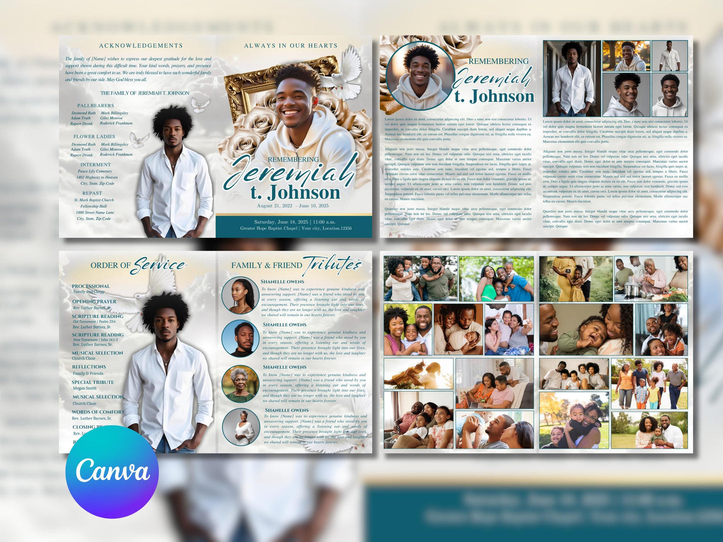8 Page | 8.5x11 bi-fold |  Blue_Green Funeral Program, Obituary Program, Memorial Program, Celebration Of Life Program In Loving Memory