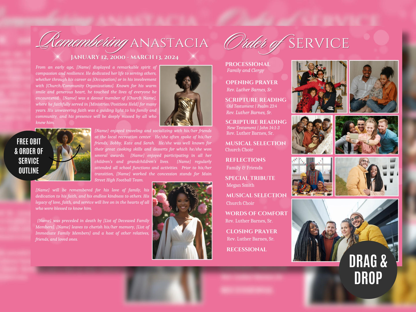 4-Page 8.5"x11" Bi-fold Editable Canva Funeral Program, Hot Pink Memorial Keepsake Rest in Peace Canva Template