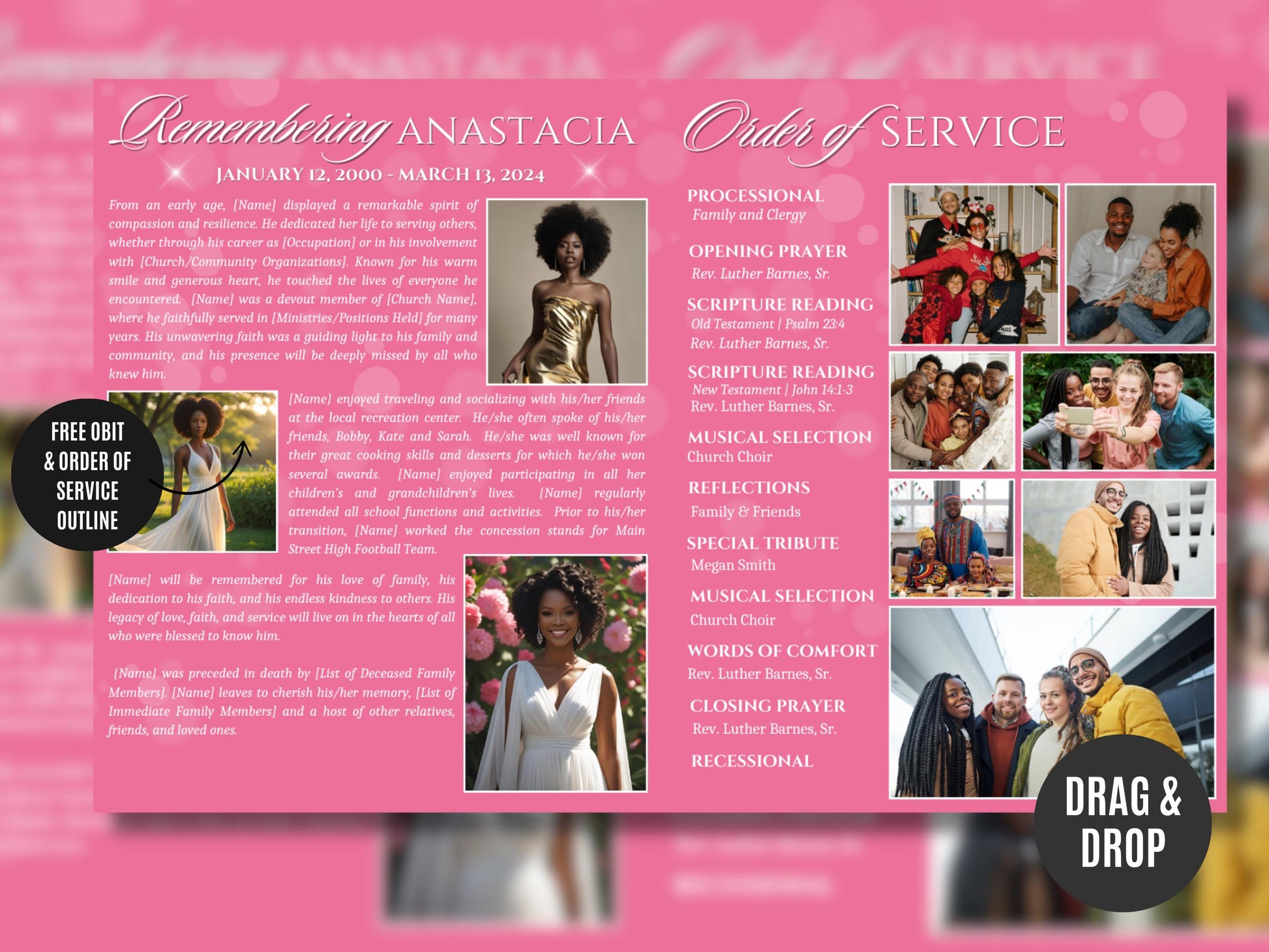 4-Page 8.5"x11" Bi-fold Editable Canva Funeral Program, Hot Pink Memorial Keepsake Rest in Peace Canva Template