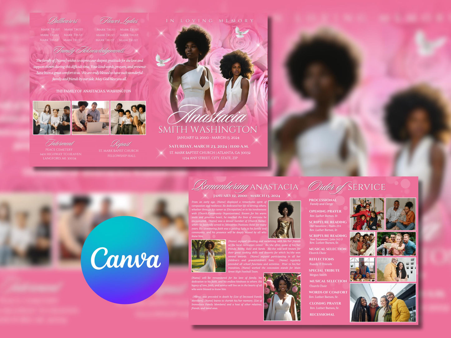 4-Page 8.5"x11" Bi-fold Editable Canva Funeral Program, Hot Pink Memorial Keepsake Rest in Peace Canva Template