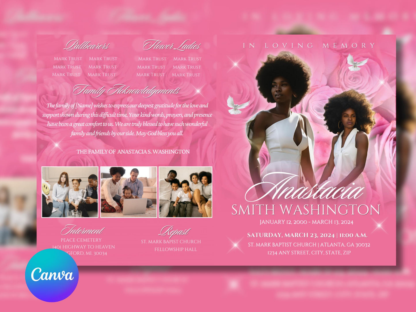 4-Page 8.5"x11" Bi-fold Editable Canva Funeral Program, Hot Pink Memorial Keepsake Rest in Peace Canva Template