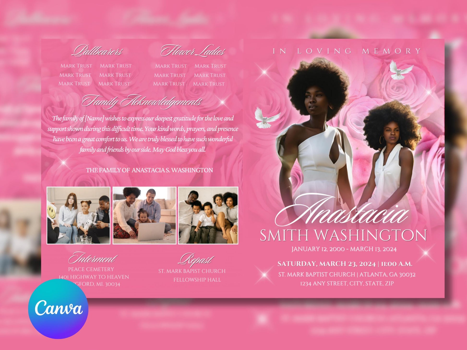 4-Page 8.5"x11" Bi-fold Editable Canva Funeral Program, Hot Pink Memorial Keepsake Rest in Peace Canva Template