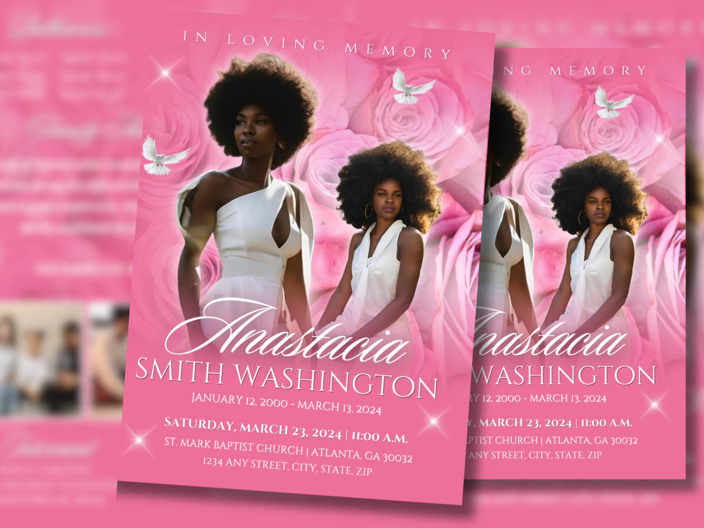 4-Page 8.5"x11" Bi-fold Editable Canva Funeral Program, Hot Pink Memorial Keepsake Rest in Peace Canva Template