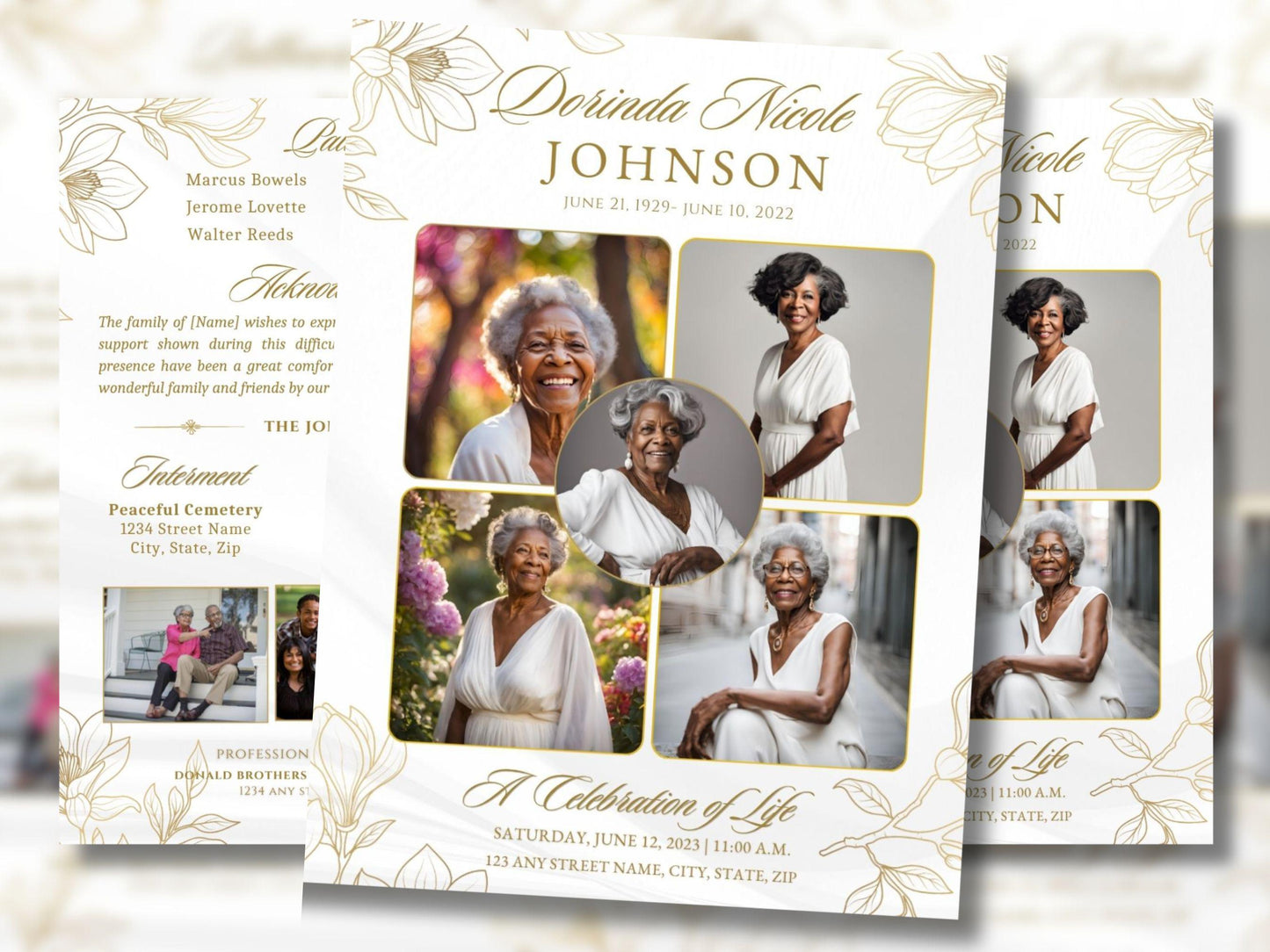 Gold Magnolias Funeral Program Template: 4-Page Memorial (Canva Editable)