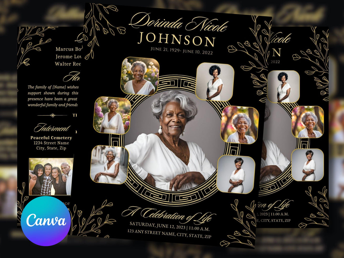 Black and Gold Magnolias Funeral Program Template: 4-Page Memorial (Canva Editable) - 2 Cover Options Available!