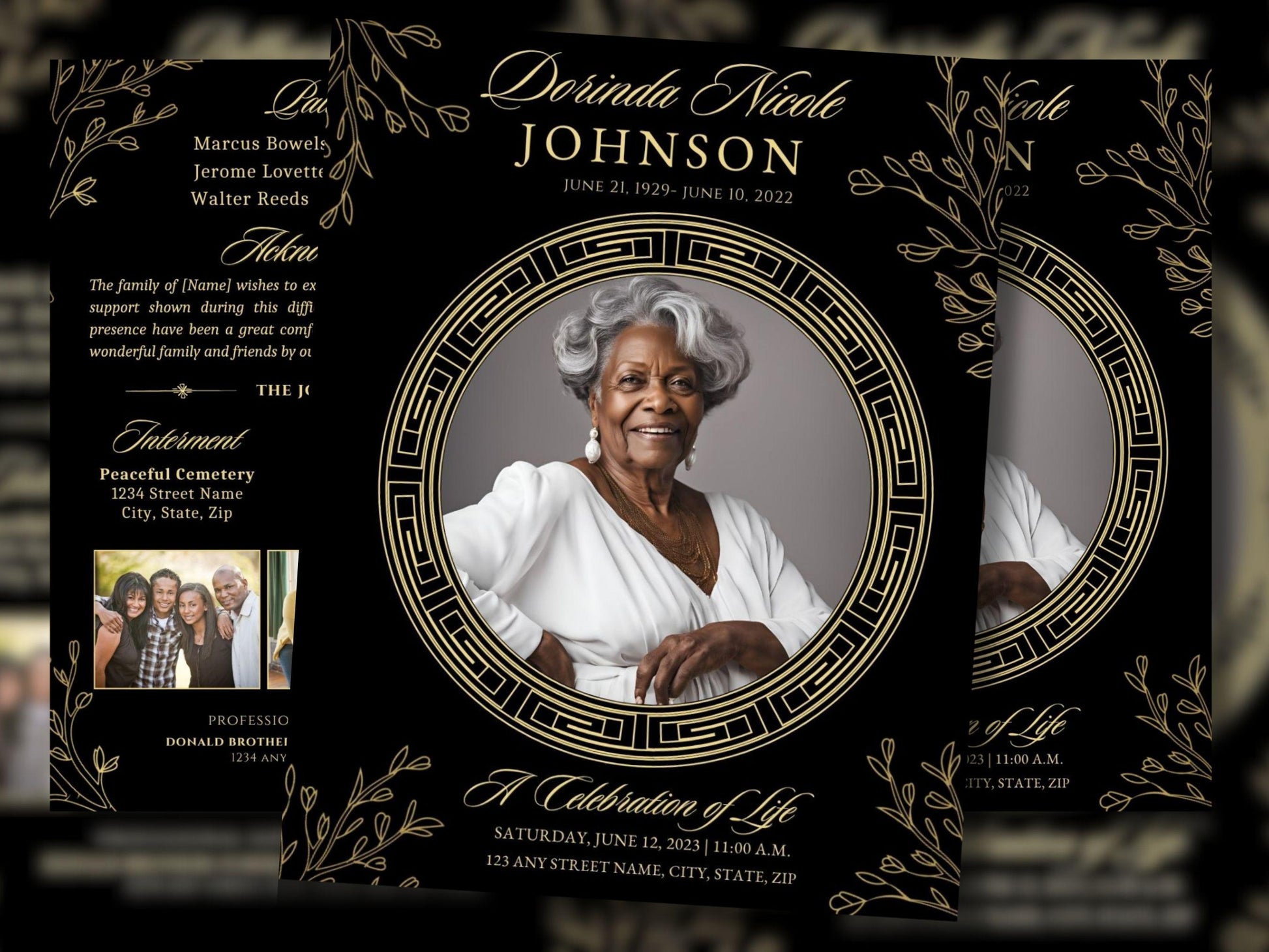 Black and Gold Magnolias Funeral Program Template: 4-Page Memorial (Canva Editable) - 2 Cover Options Available!