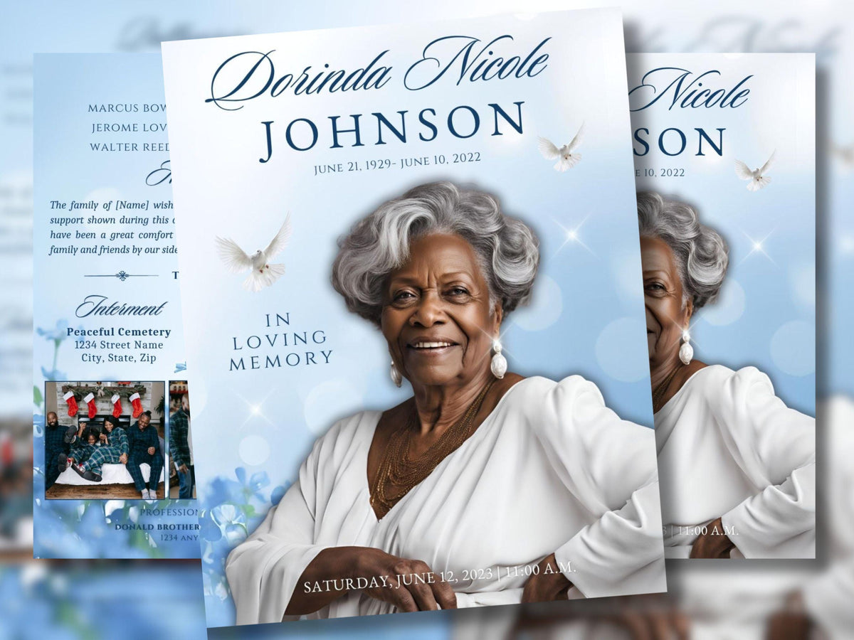 Blue Wild Flowers Funeral Program Template: 4-Page Memorial (Canva Editable)