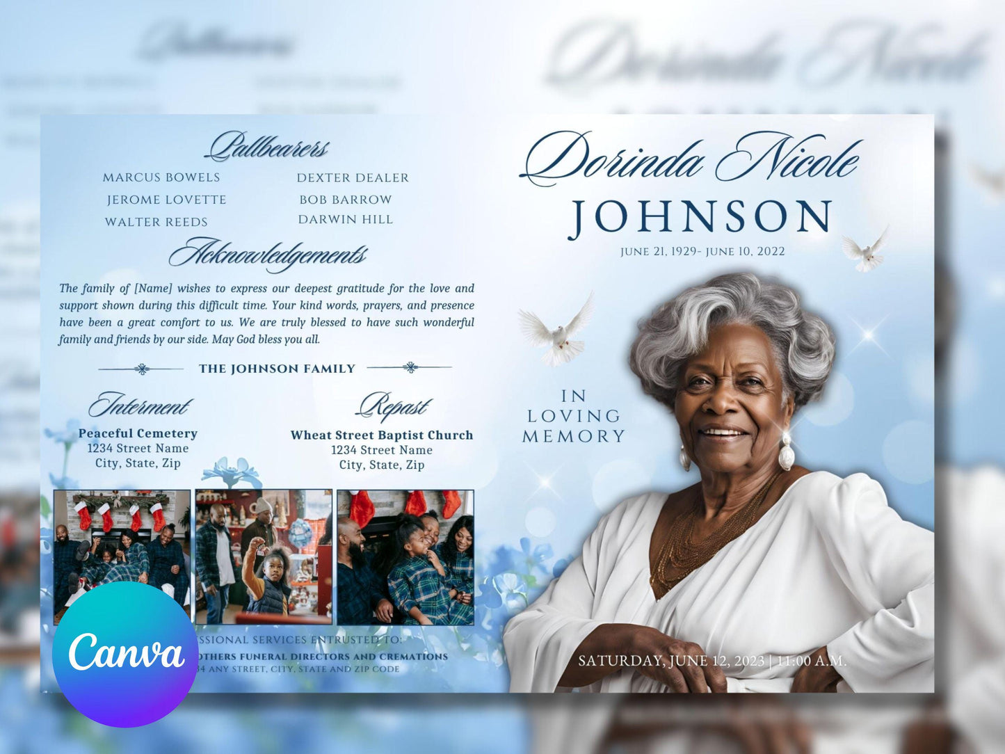 Blue Wild Flowers Funeral Program Template: 4-Page Memorial (Canva Editable)