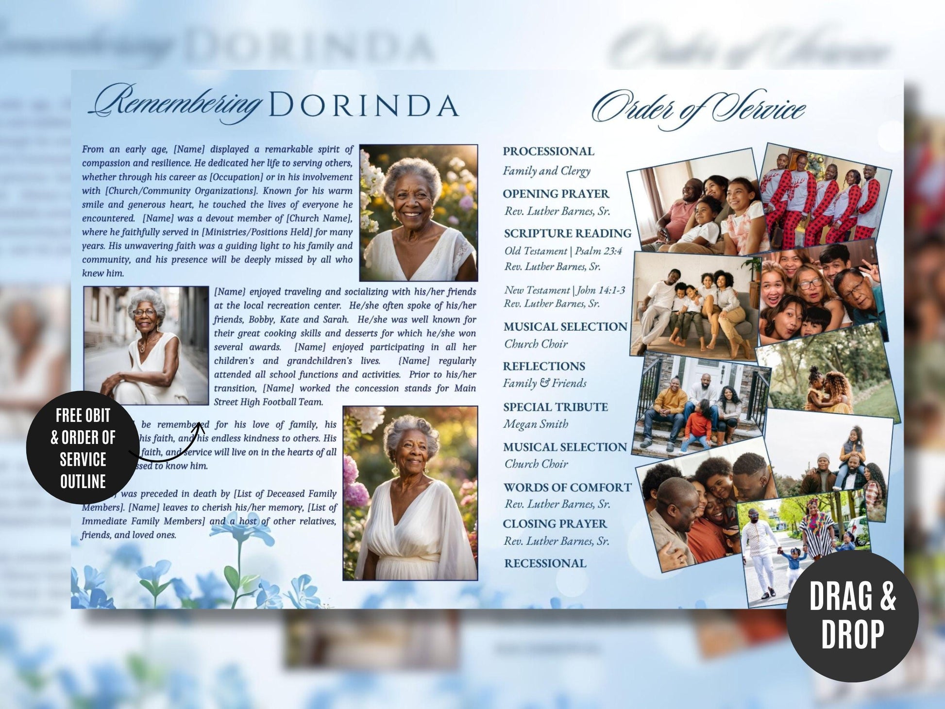 Blue Wild Flowers Funeral Program Template: 4-Page Memorial (Canva Editable)
