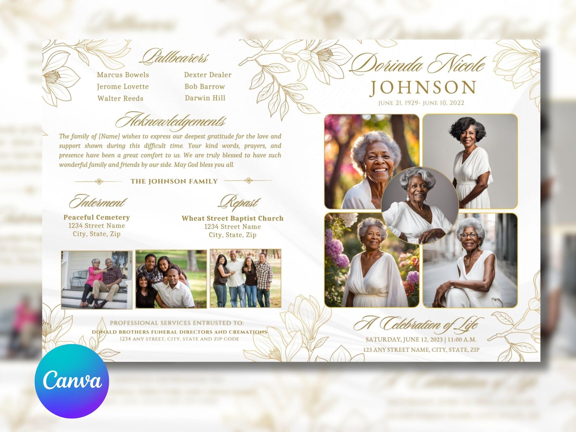 Gold Magnolias Funeral Program Template: 4-Page Memorial (Canva Editable)
