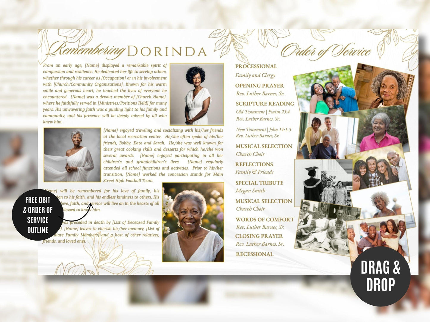 Gold Magnolias Funeral Program Template: 4-Page Memorial (Canva Editable)