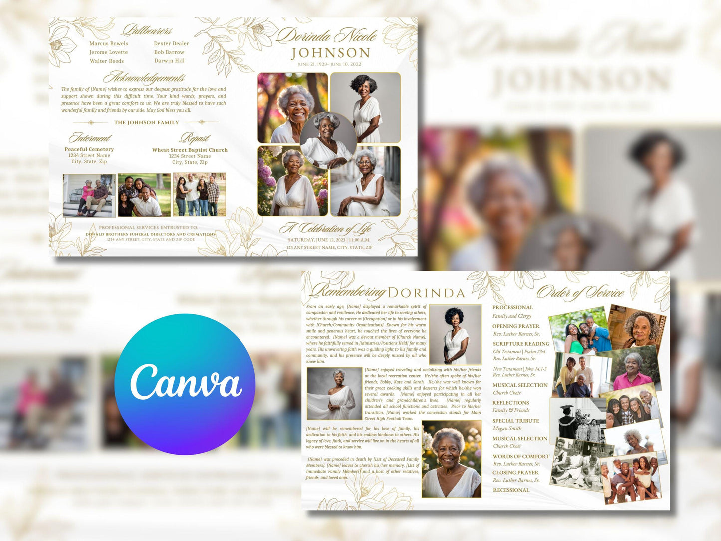 Gold Magnolias Funeral Program Template: 4-Page Memorial (Canva Editable)