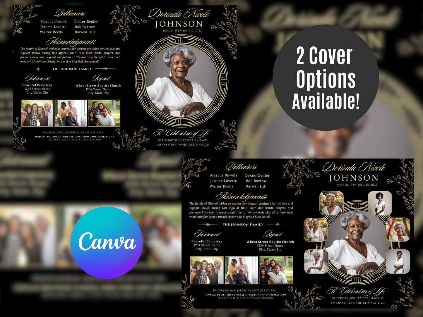 Black and Gold Magnolias Funeral Program Template: 4-Page Memorial (Canva Editable) - 2 Cover Options Available!