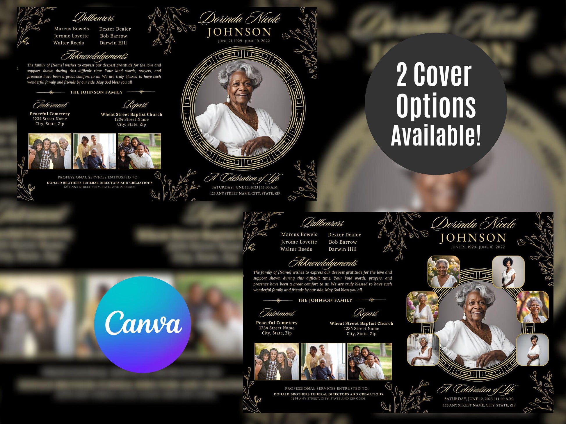 Black and Gold Magnolias Funeral Program Template: 4-Page Memorial (Canva Editable) - 2 Cover Options Available!