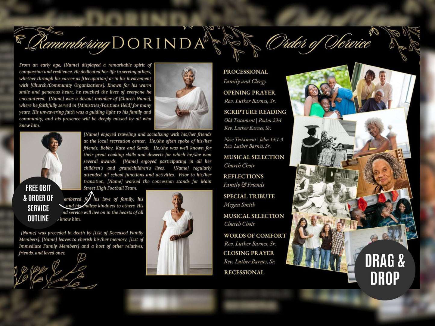 Black and Gold Magnolias Funeral Program Template: 4-Page Memorial (Canva Editable) - 2 Cover Options Available!