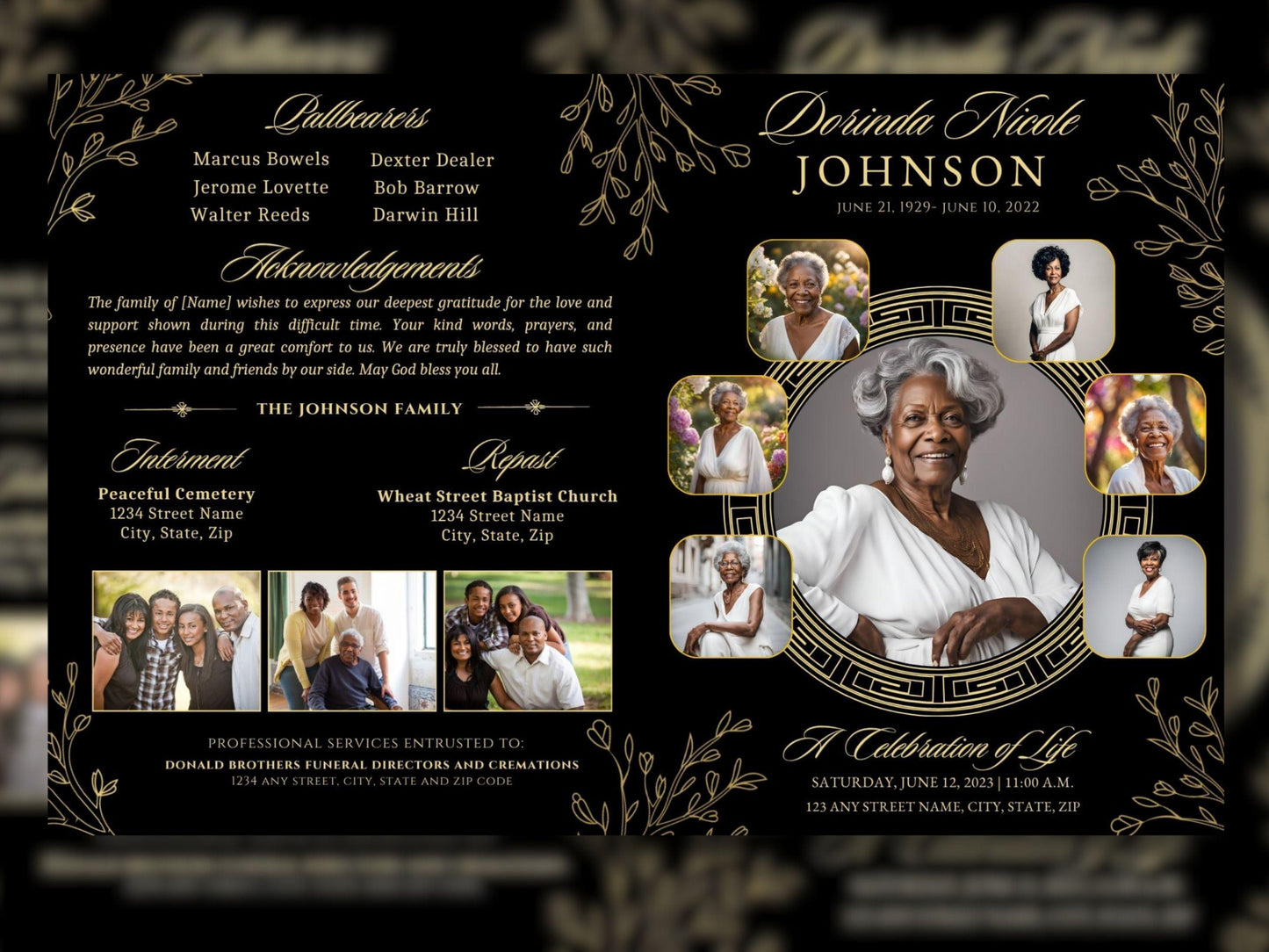 Black and Gold Magnolias Funeral Program Template: 4-Page Memorial (Canva Editable) - 2 Cover Options Available!