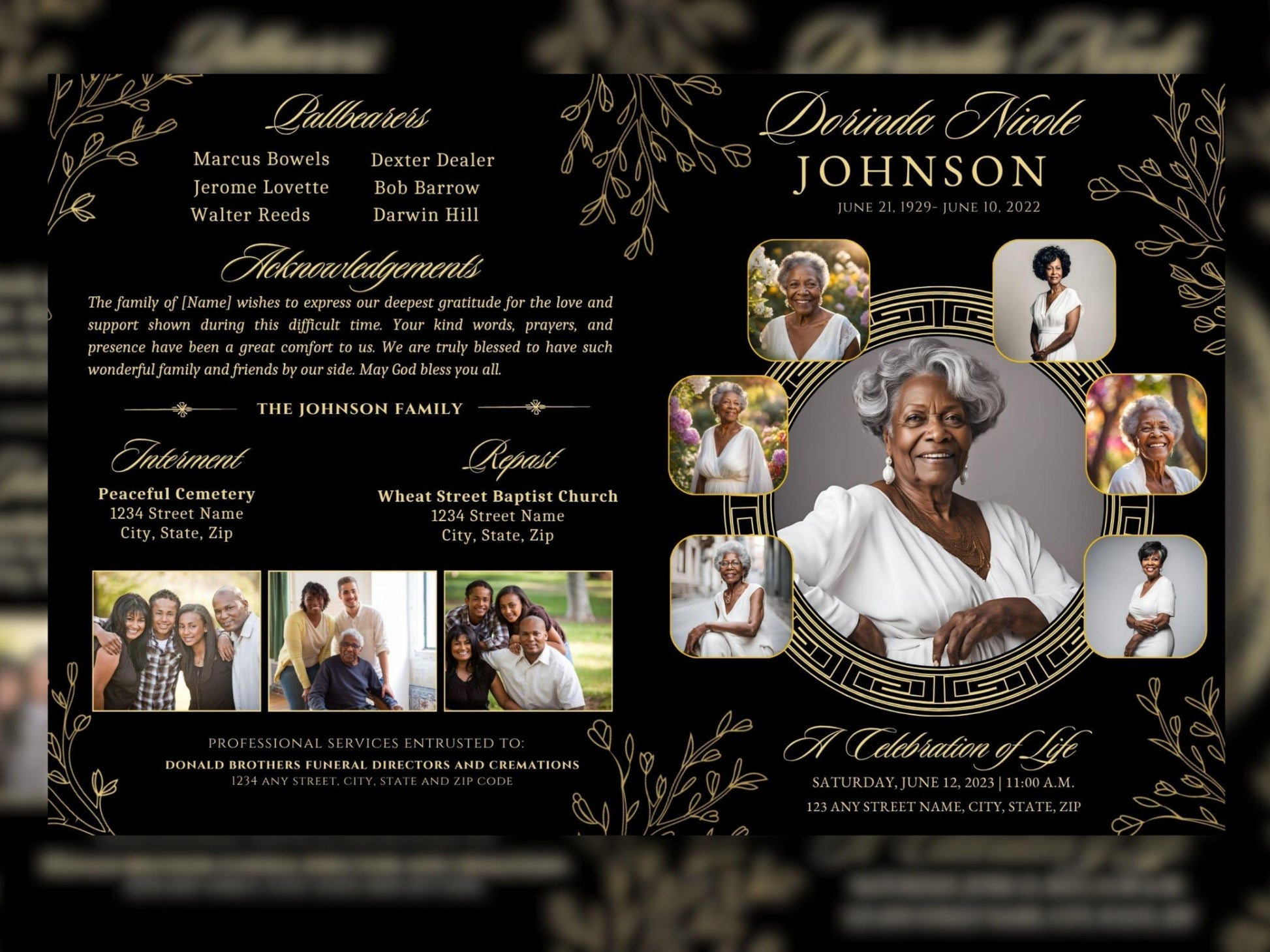 Black and Gold Magnolias Funeral Program Template: 4-Page Memorial (Canva Editable) - 2 Cover Options Available!