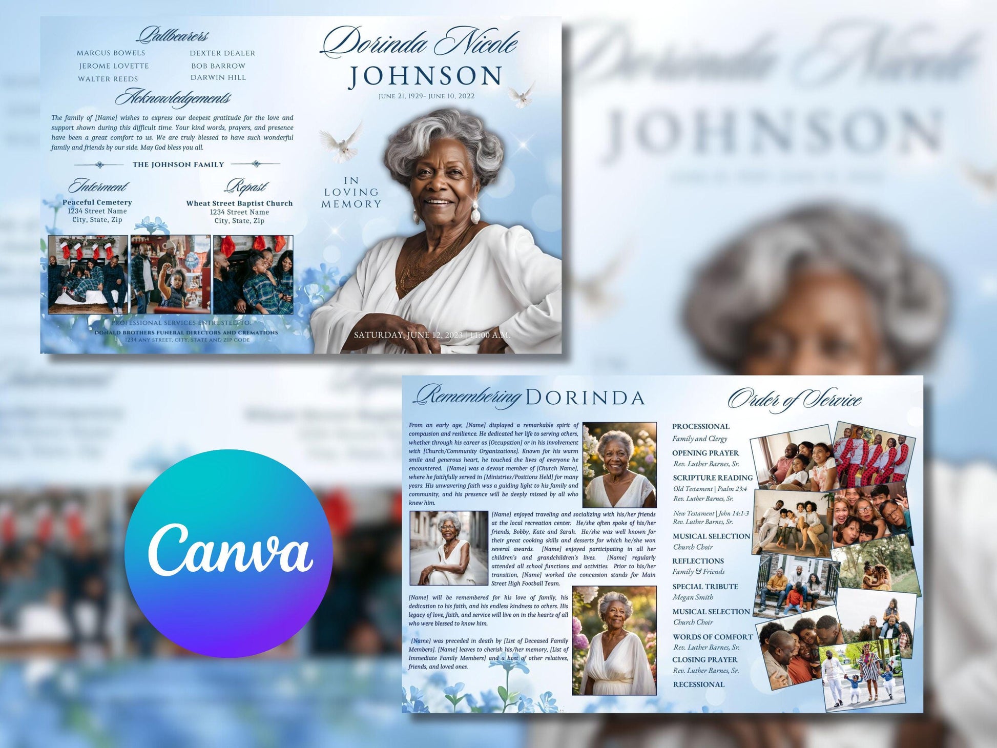 Blue Wild Flowers Funeral Program Template: 4-Page Memorial (Canva Editable)