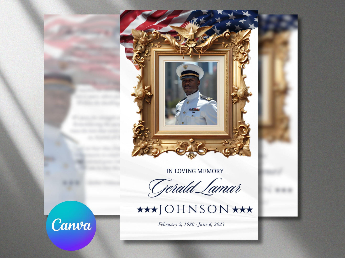 Simple Elegant Military Funeral Prayer Card Template | Editable Canva Invite (3x5)