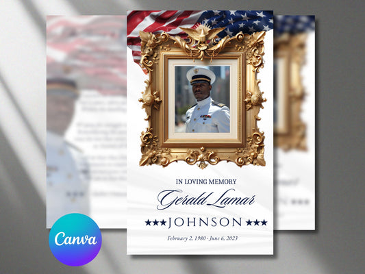 Simple Elegant Military Funeral Prayer Card Template | Editable Canva Invite (3x5)