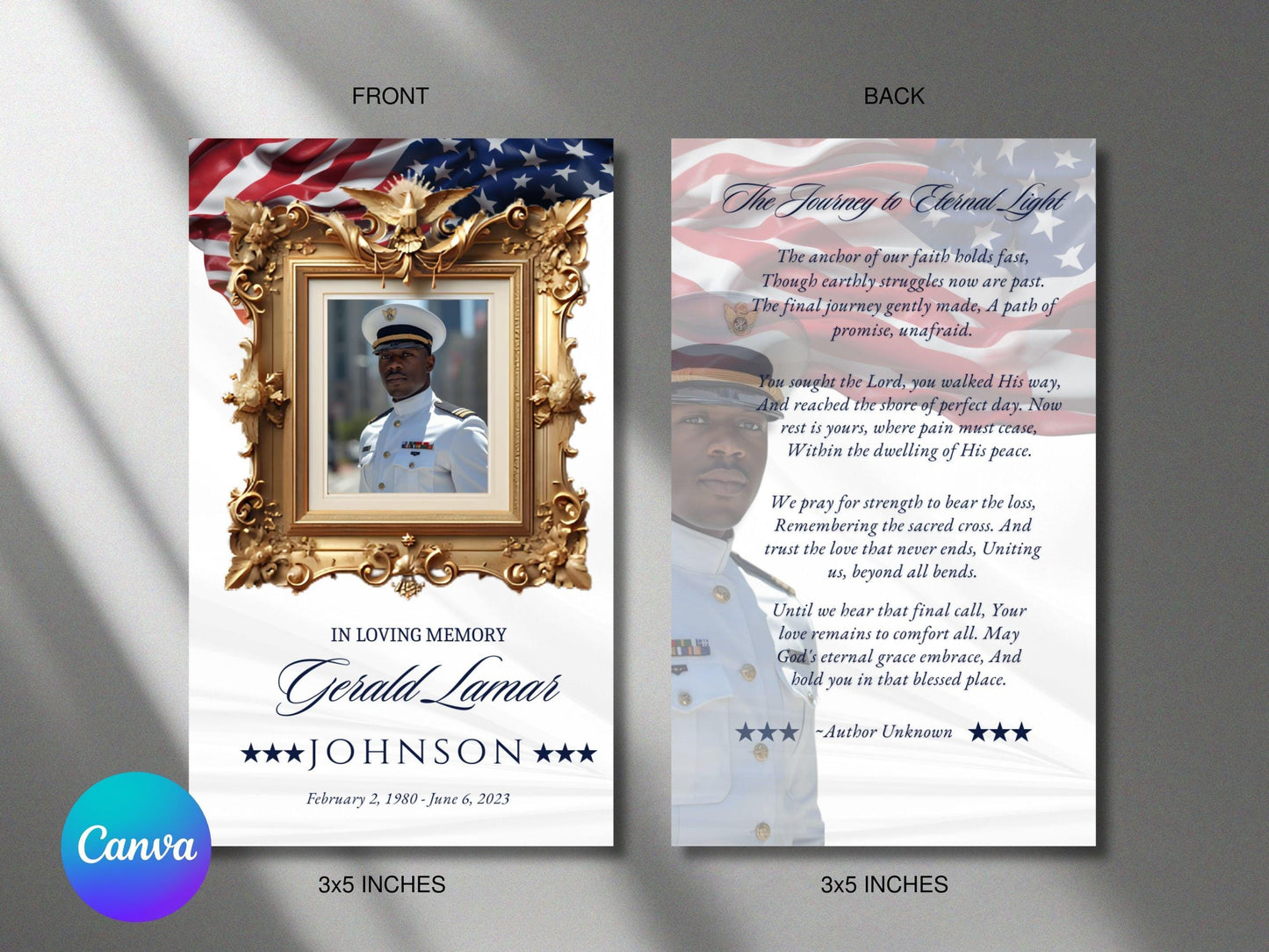 Simple Elegant Military Funeral Prayer Card Template | Editable Canva Invite (3x5)